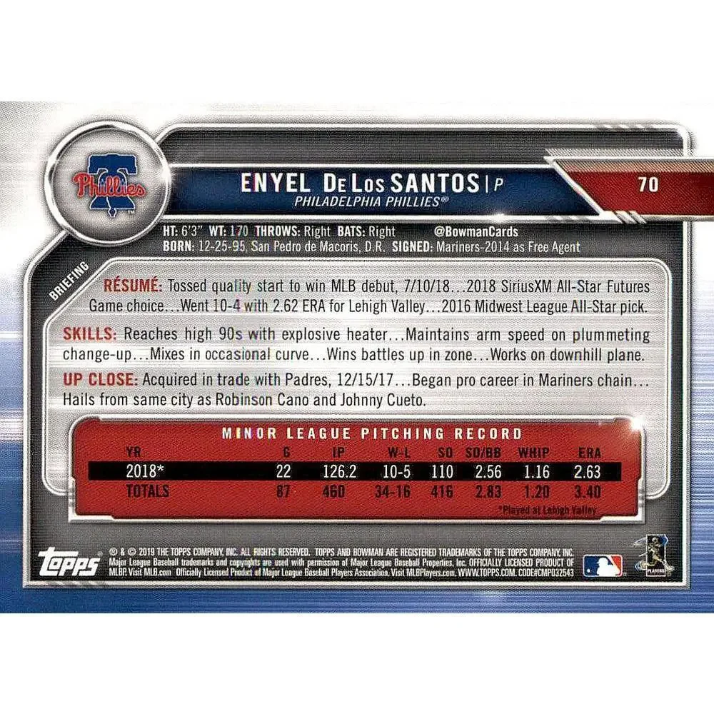 2019 Bowman Enyel De Los Santos RC #70 Philadelphia Phillies